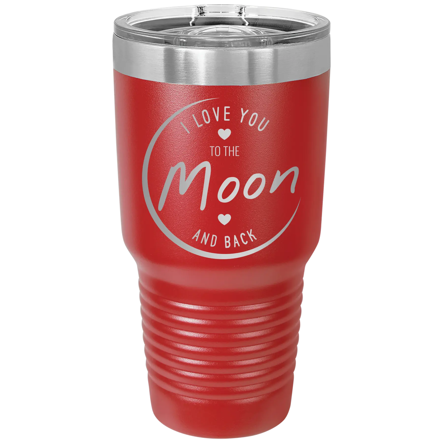 Laser etched red 30 oz vacuum insulated tumbler with 'Love You to the Moon and Back' design