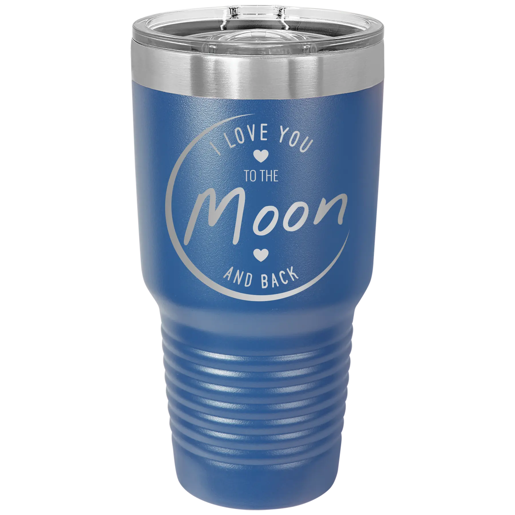 Laser etched royal blue 30 oz vacuum insulated tumbler with 'Love You to the Moon and Back' design