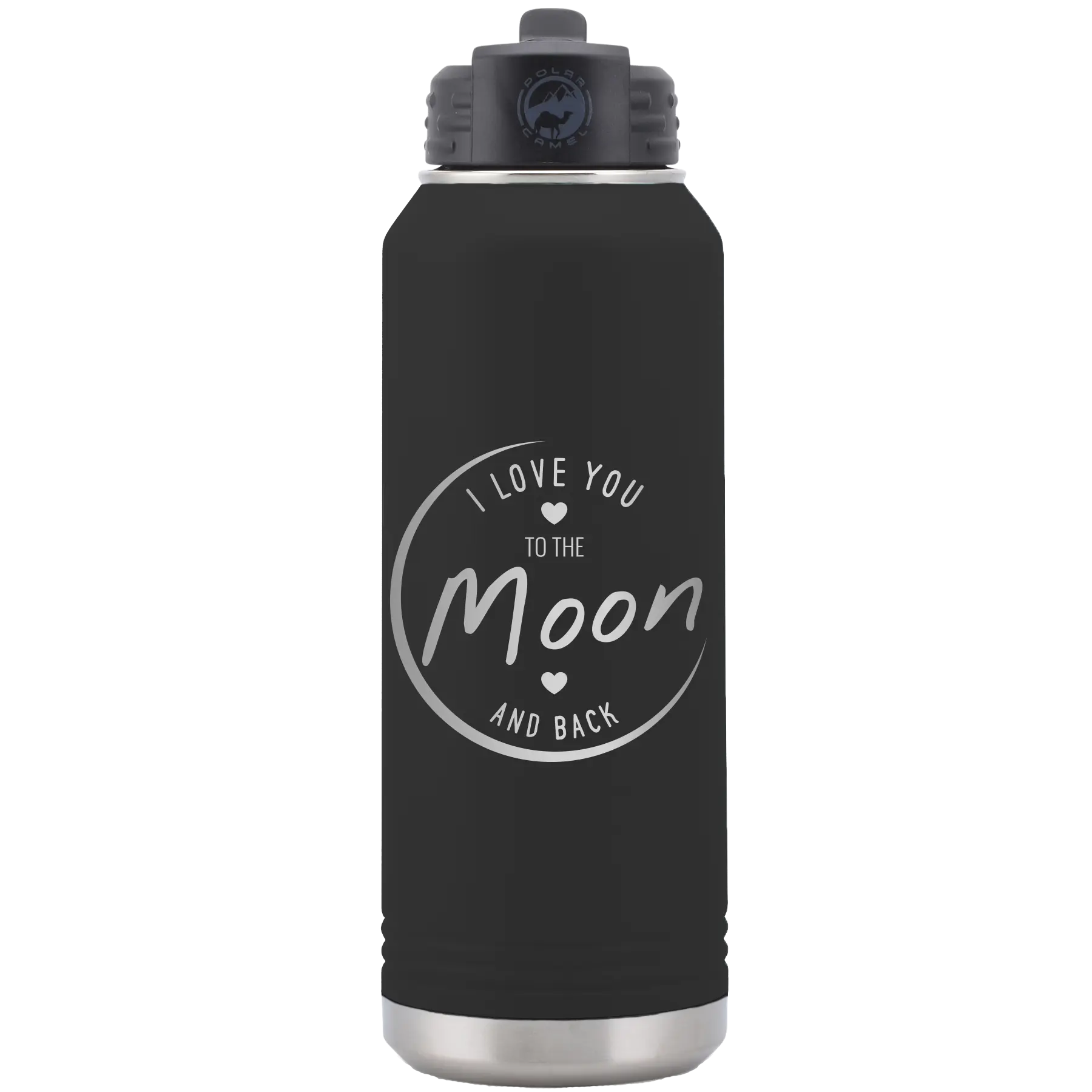 Laser etched black 32 oz vacuum insulated water bottle with 'Love You to the Moon and Back' design