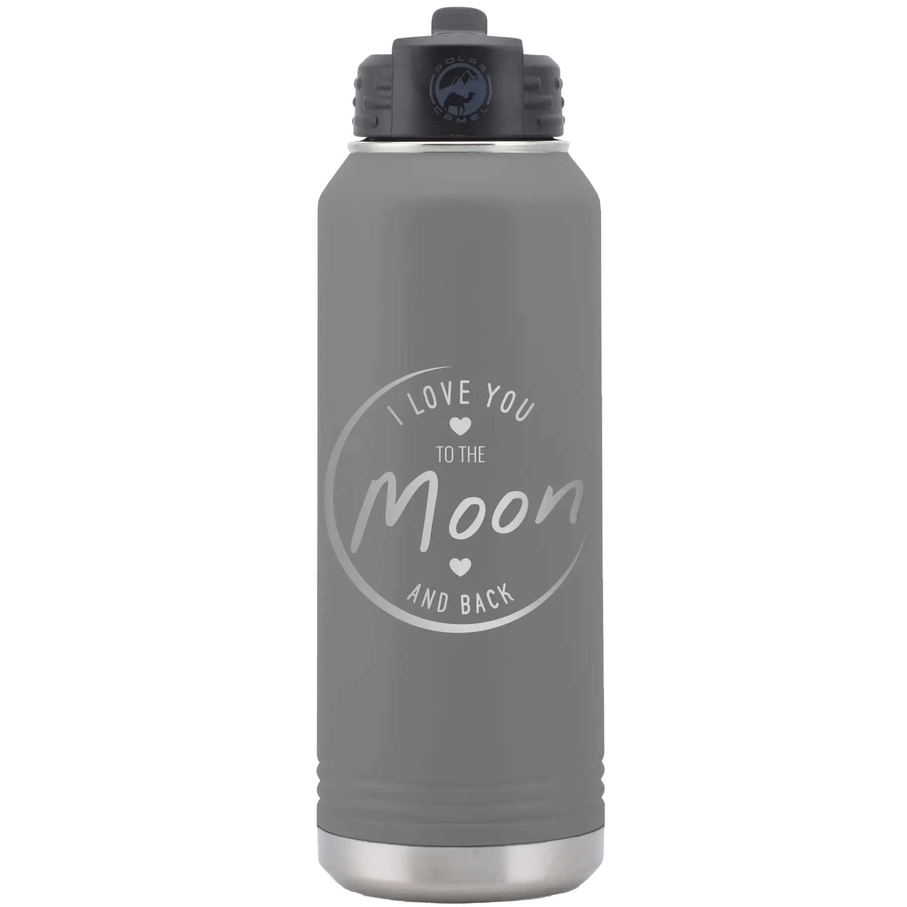 Laser etched dark gray 32 oz vacuum insulated water bottle with 'Love You to the Moon and Back' design