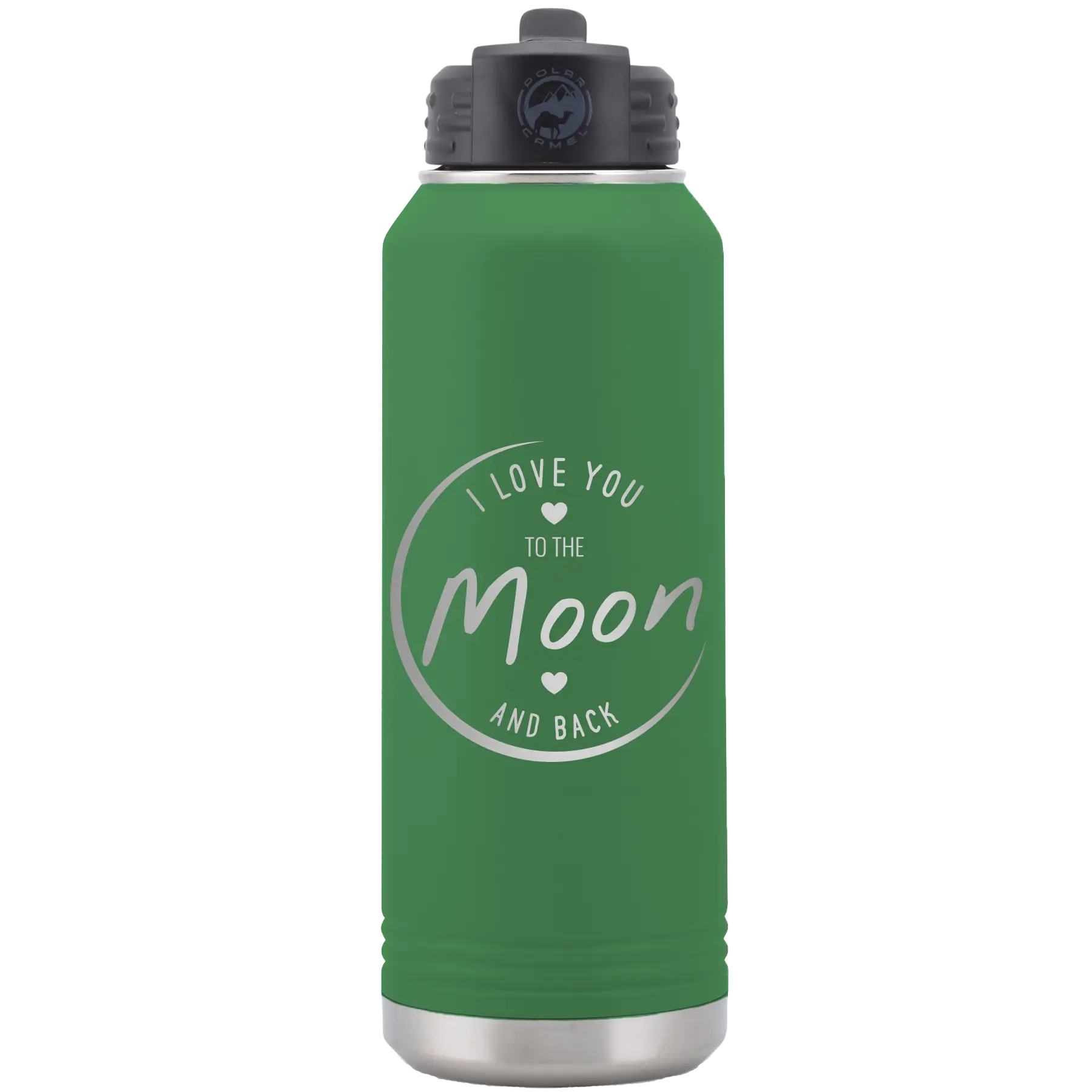 Laser etched green 32 oz vacuum insulated water bottle with 'Love You to the Moon and Back' design