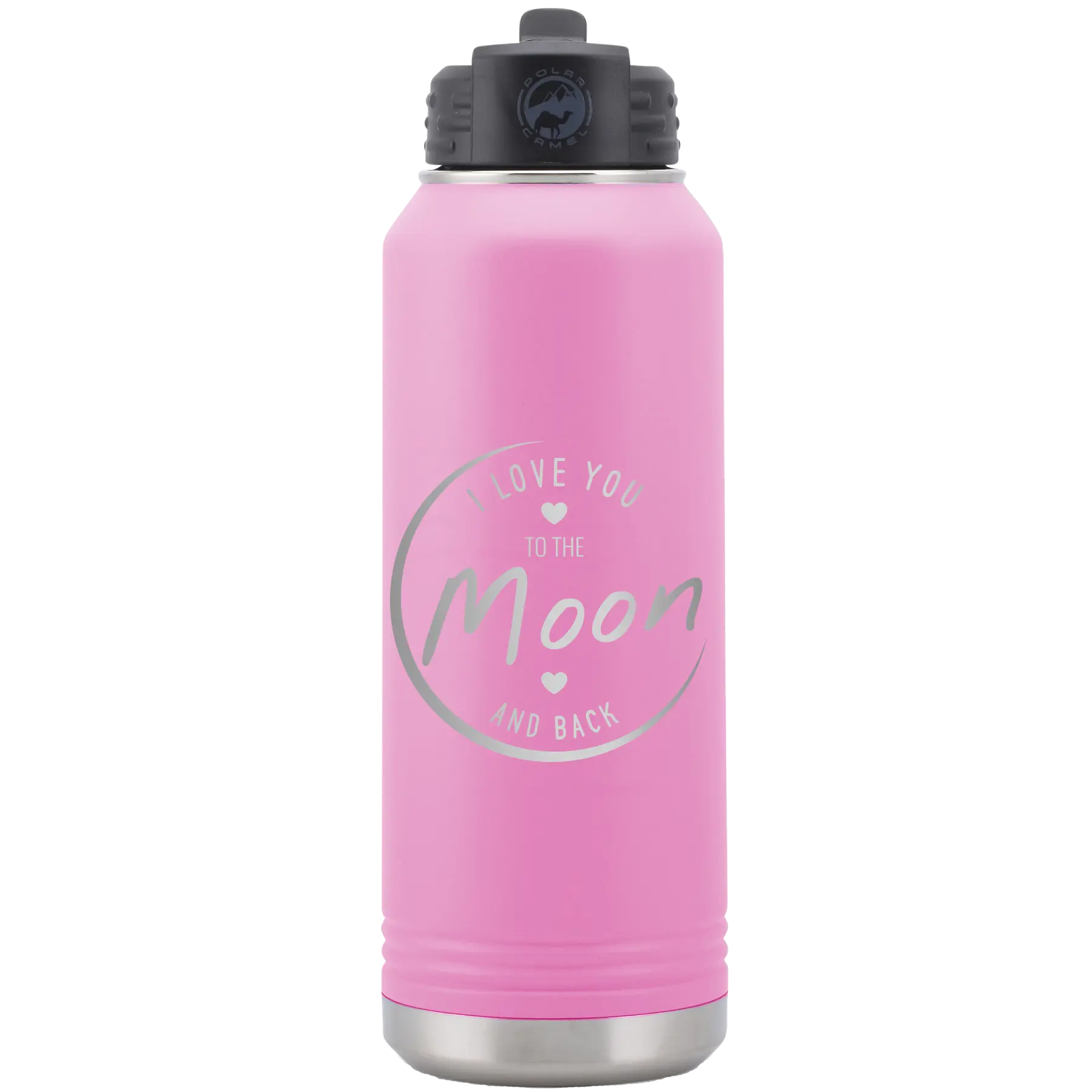 Laser etched light purple 32 oz vacuum insulated water bottle with 'Love You to the Moon and Back' design