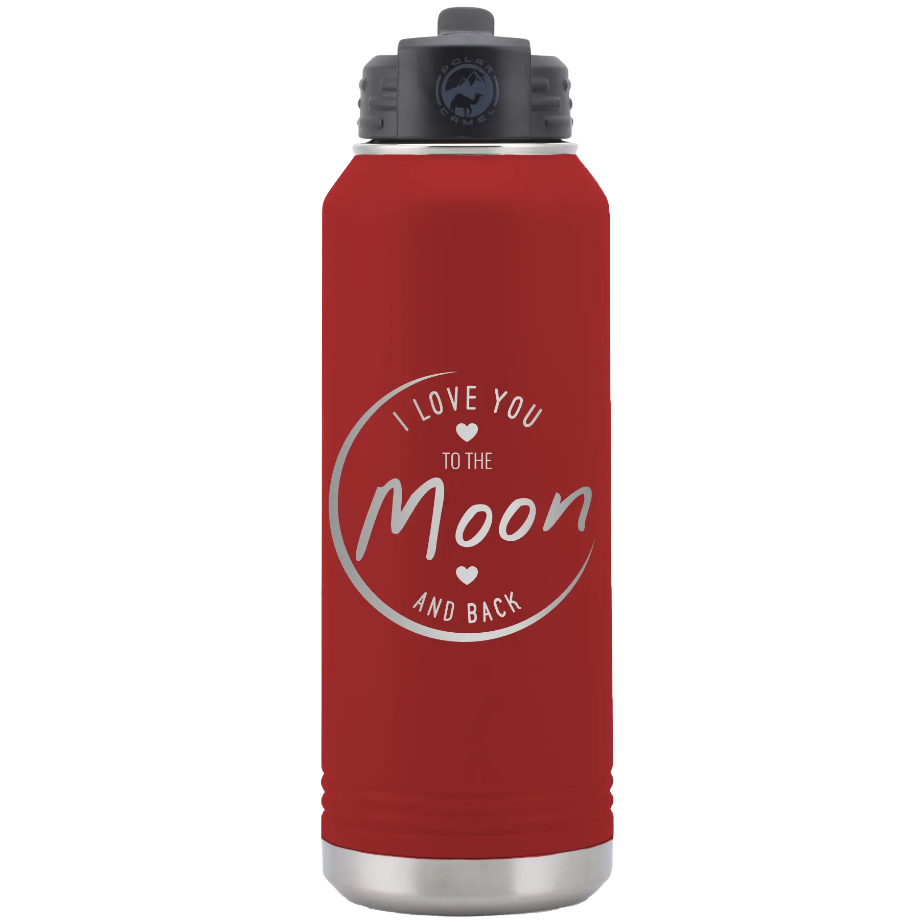 Laser etched maroon 32 oz vacuum insulated water bottle with 'Love You to the Moon and Back' design