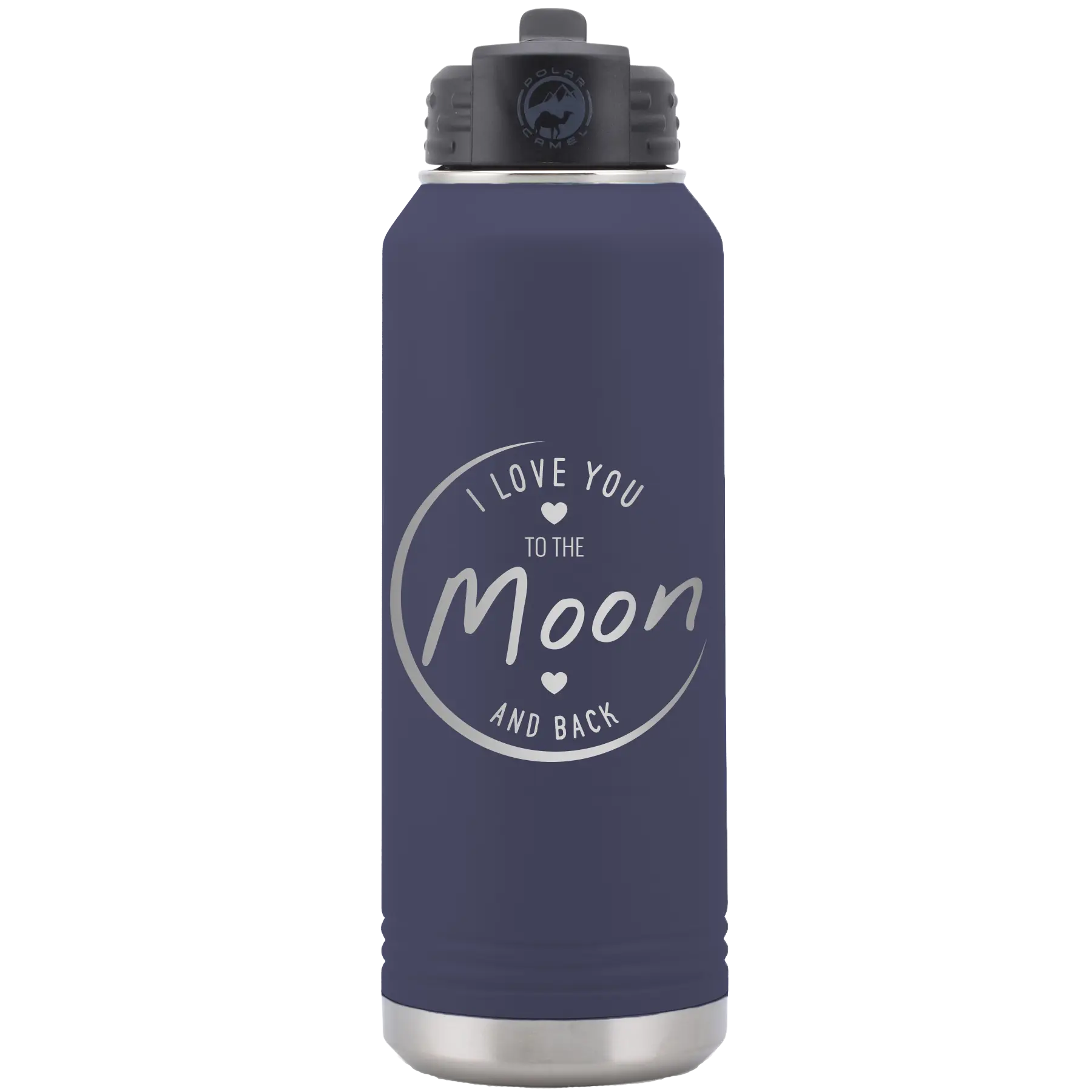 Laser etched navy 32 oz vacuum insulated water bottle with 'Love You to the Moon and Back' design