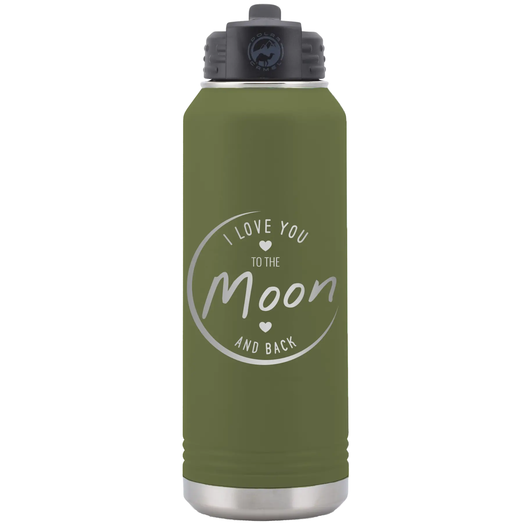 Laser etched olive green 32 oz vacuum insulated water bottle with 'Love You to the Moon and Back' design