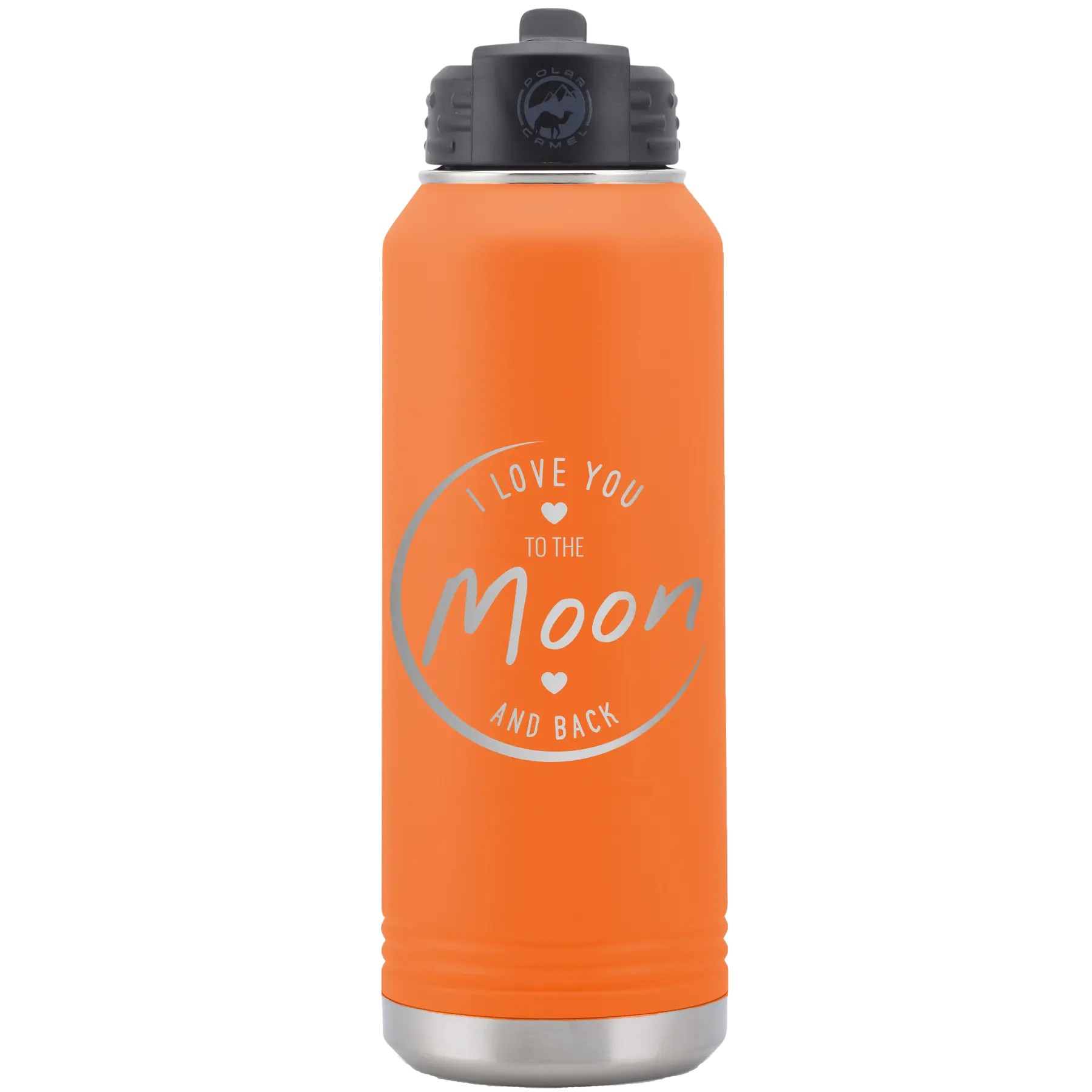 Laser etched orange 32 oz vacuum insulated water bottle with 'Love You to the Moon and Back' design