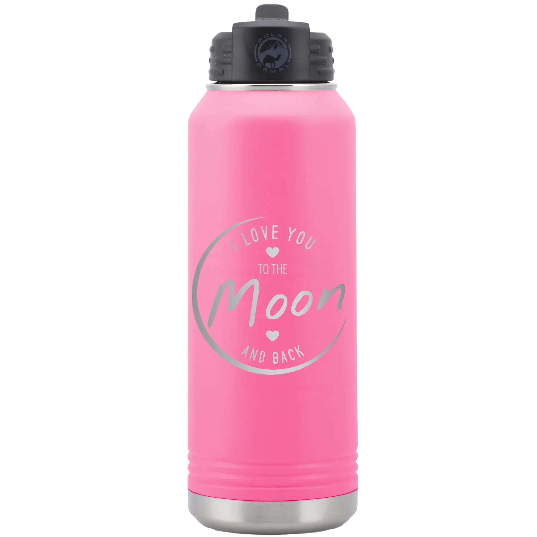 Laser etched pink 32 oz vacuum insulated water bottle with 'Love You to the Moon and Back' design