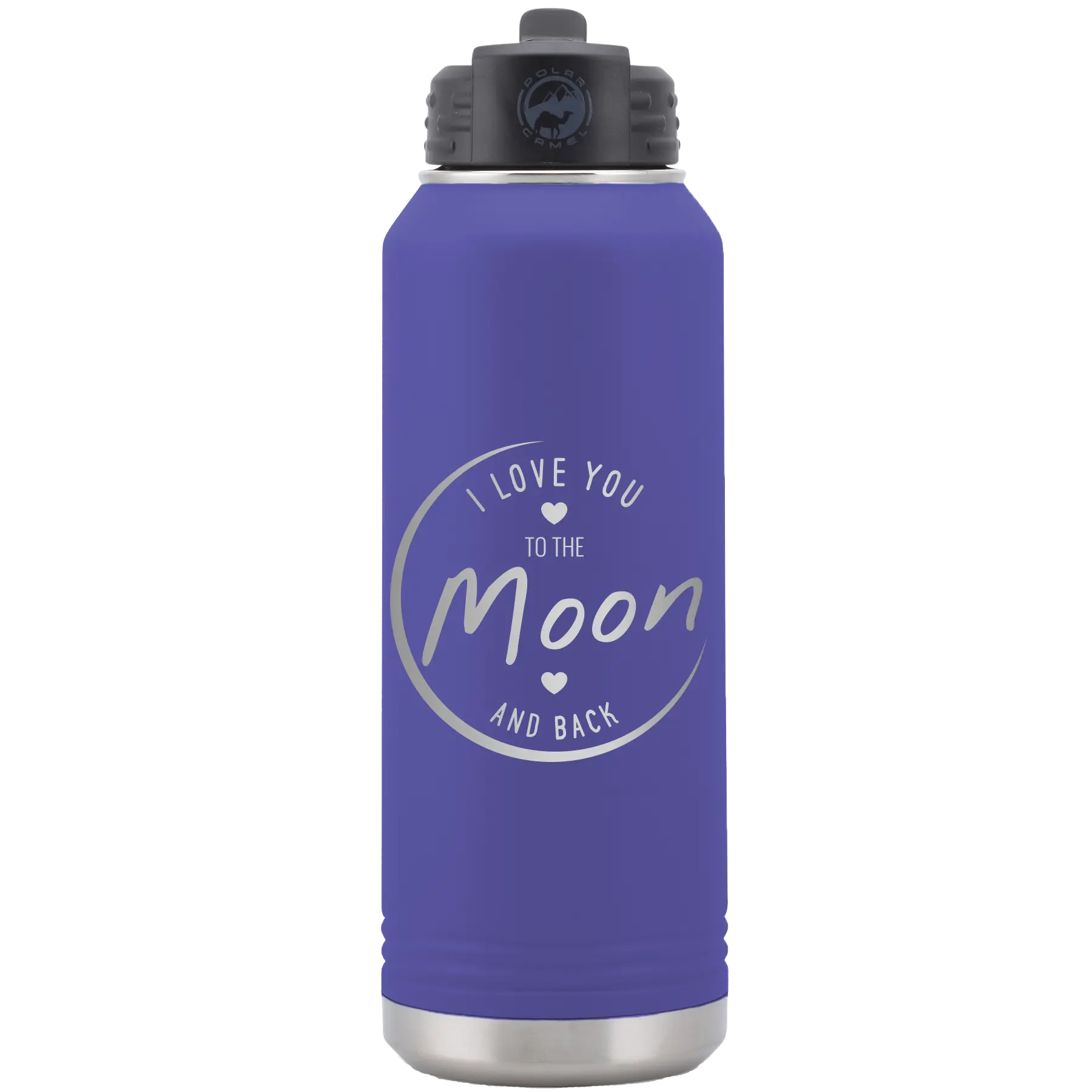 Laser etched purple 32 oz vacuum insulated water bottle with 'Love You to the Moon and Back' design