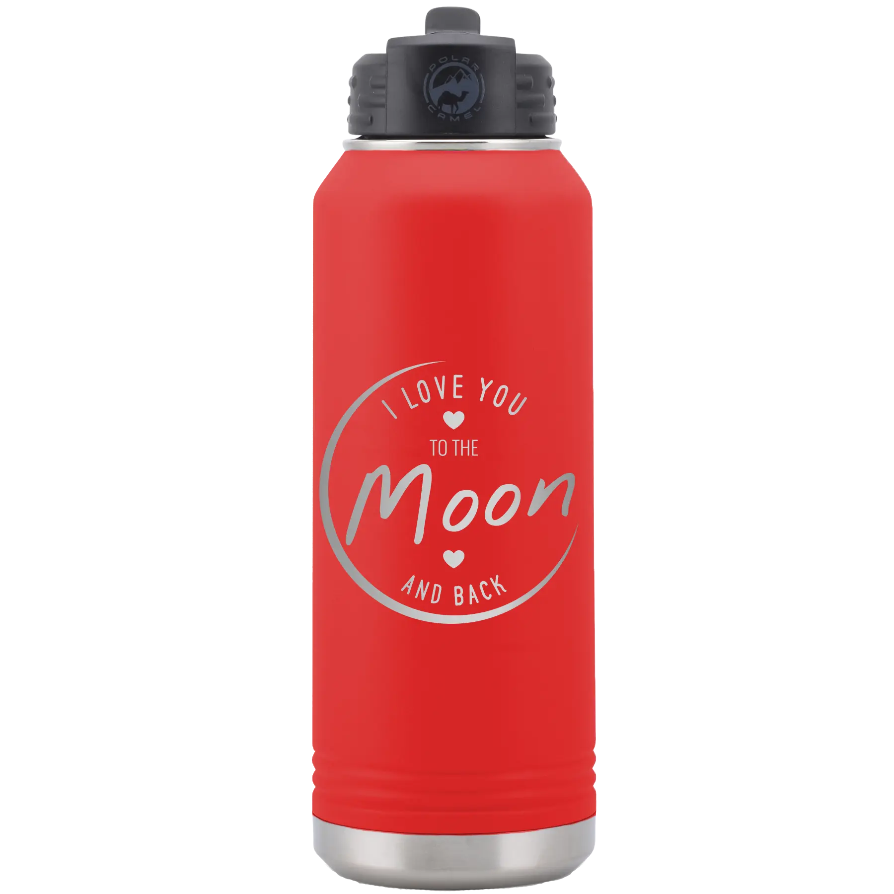 Laser etched red 32 oz vacuum insulated water bottle with 'Love You to the Moon and Back' design