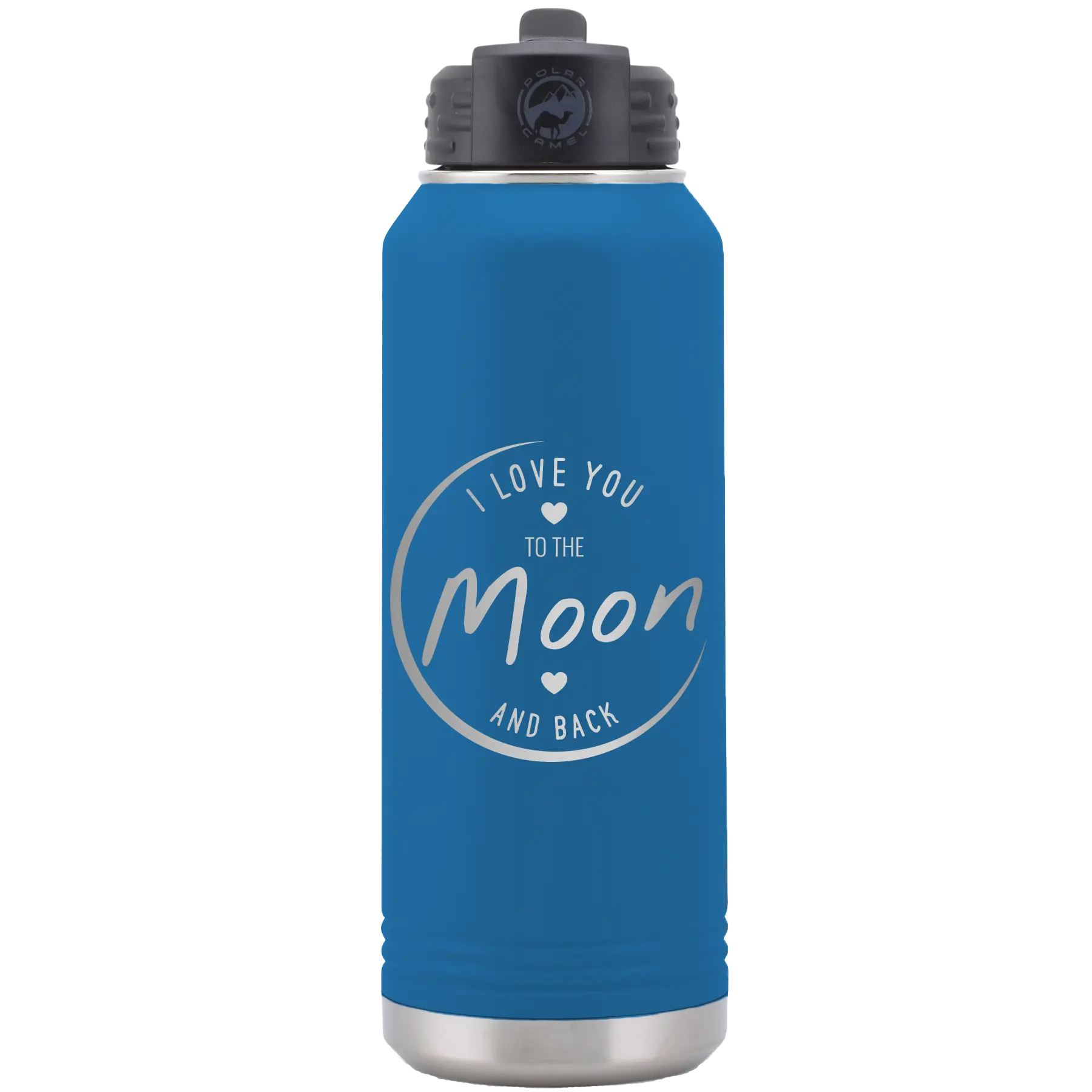 Laser etched royal blue 32 oz vacuum insulated water bottle with 'Love You to the Moon and Back' design