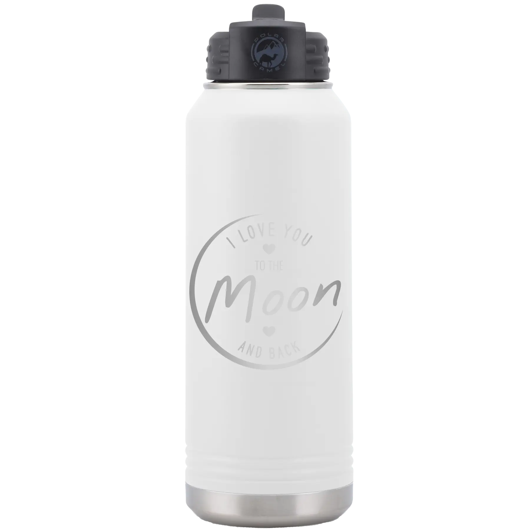 Laser etched white 32 oz vacuum insulated water bottle with 'Love You to the Moon and Back' design