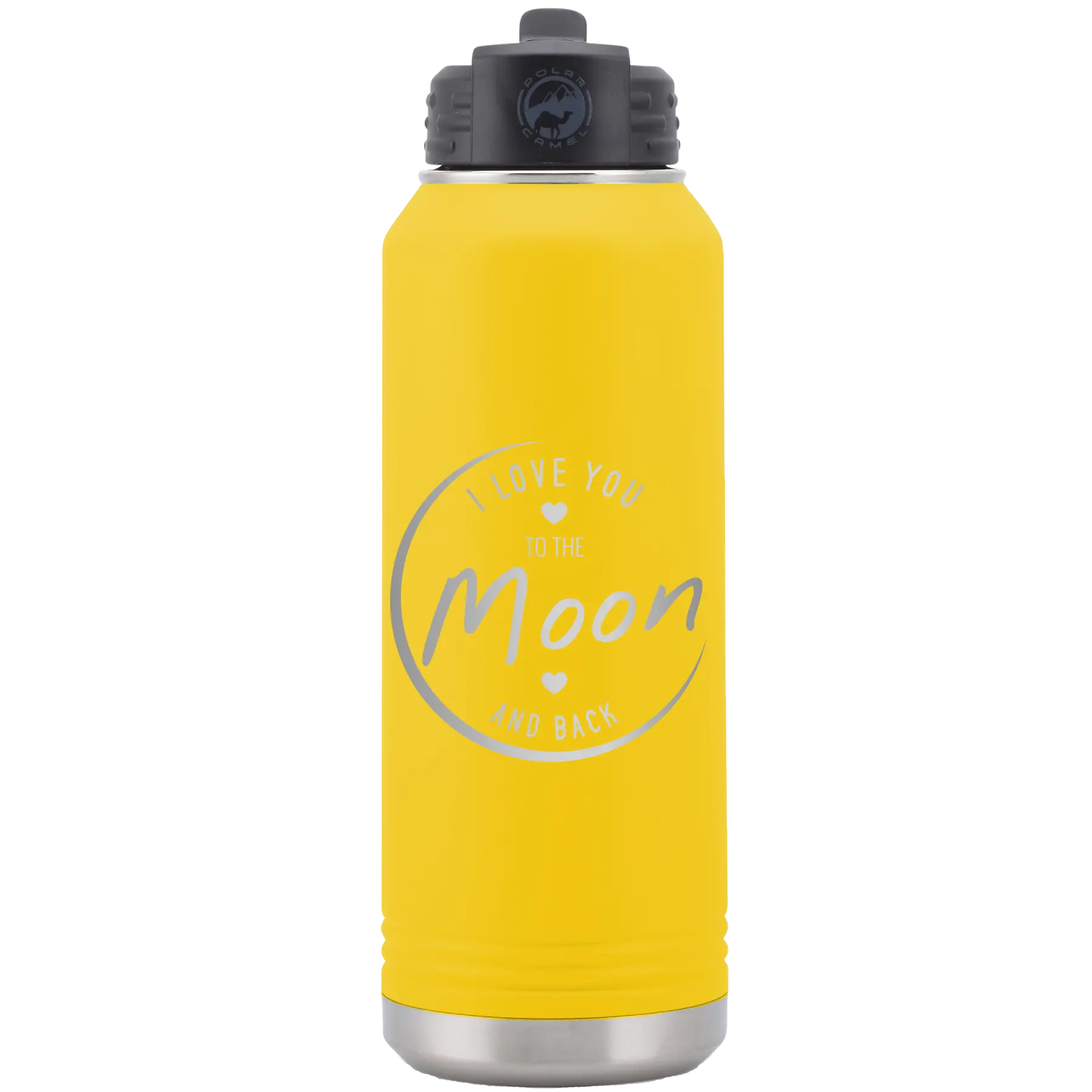 Laser etched yellow 32 oz vacuum insulated water bottle with 'Love You to the Moon and Back' design