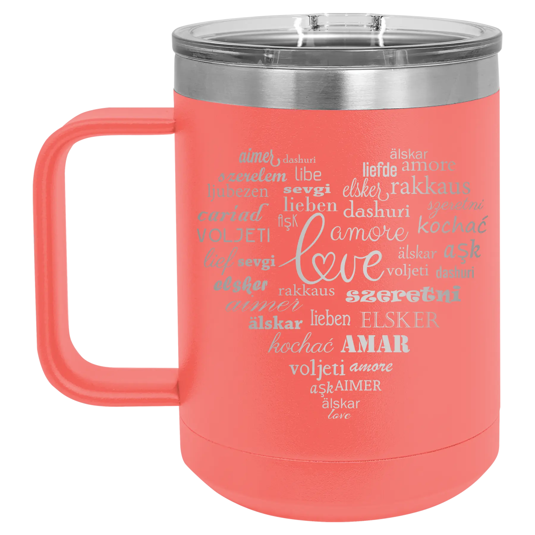 Laser etched coral 15 oz vacuum insulated coffee mug with 'Worldly Love' design