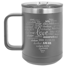 Laser etched dark gray 15 oz vacuum insulated coffee mug with 'Worldly Love' design