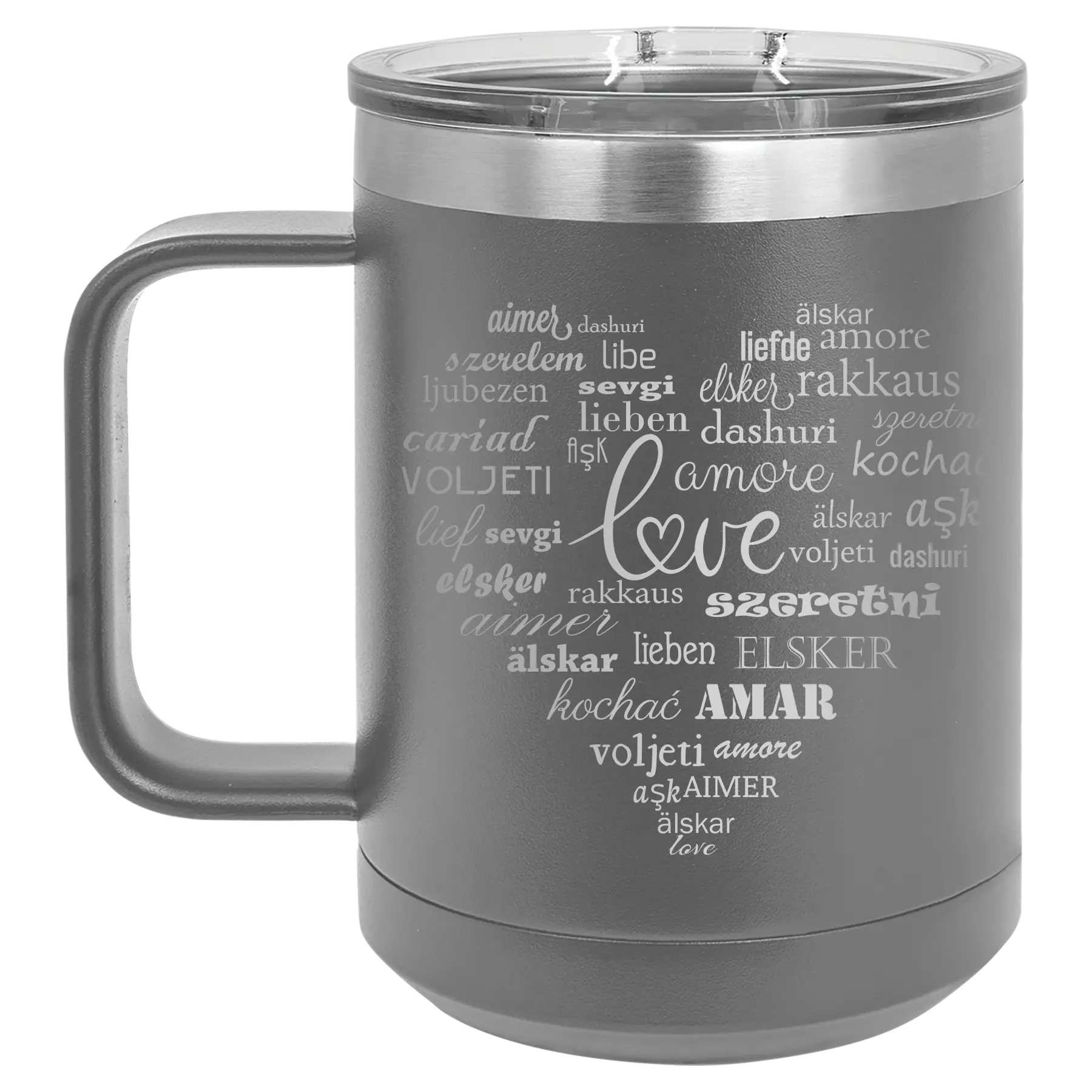 Laser etched dark gray 15 oz vacuum insulated coffee mug with 'Worldly Love' design