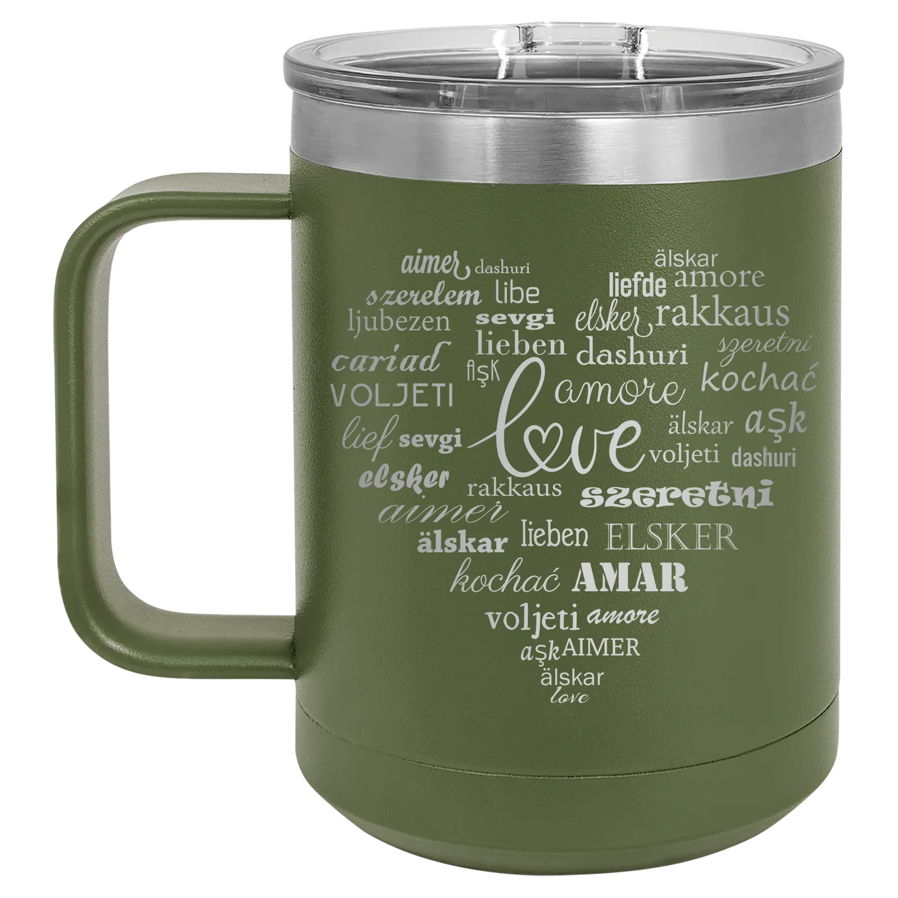 Laser etched olive green 15 oz vacuum insulated coffee mug with 'Worldly Love' design