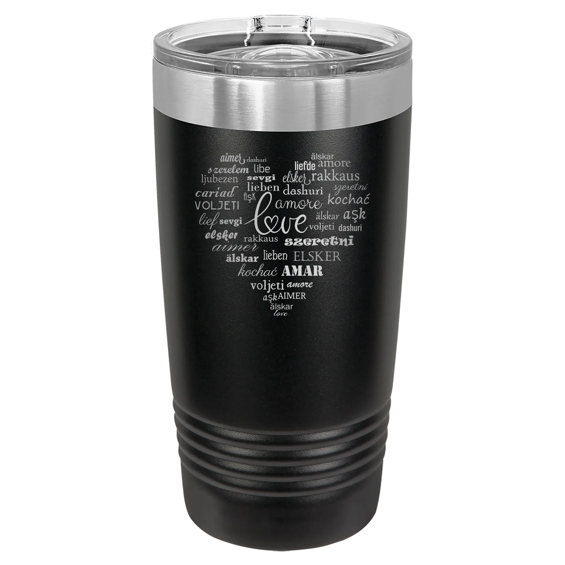Laser etched black 20 oz vacuum insulated tumbler with 'Worldly Love' design