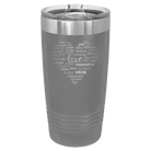 Laser etched dark gray 20 oz vacuum insulated tumbler with 'Worldly Love' design