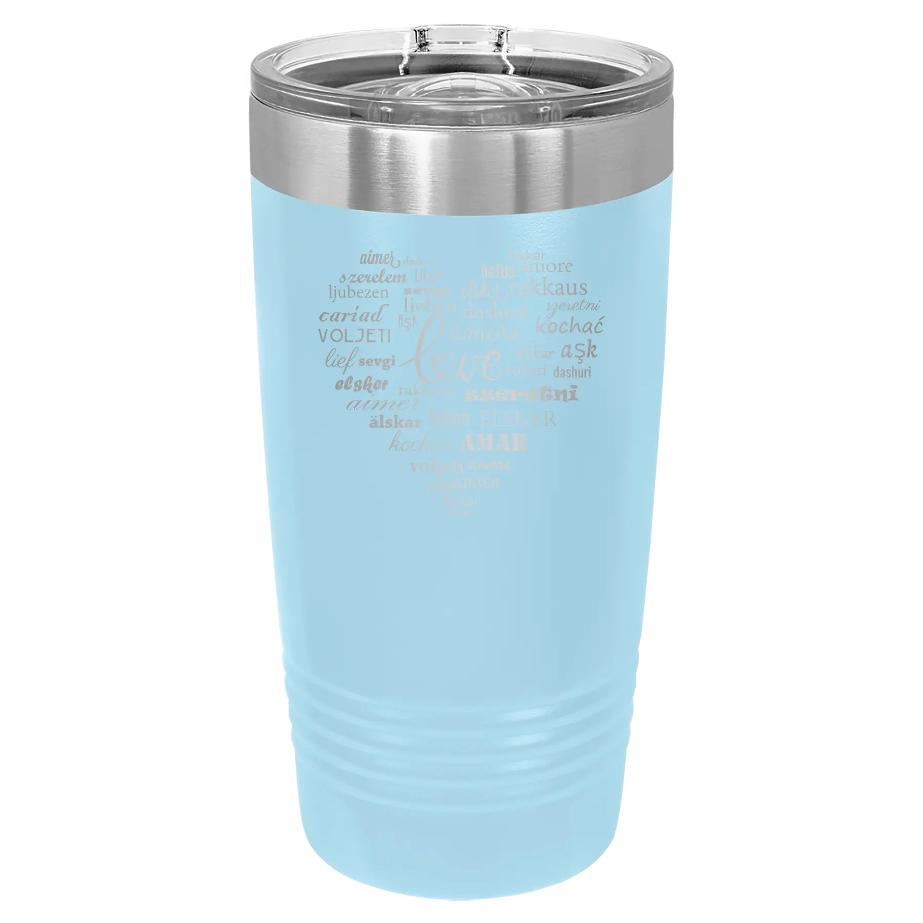 Laser etched light blue 20 oz vacuum insulated tumbler with 'Worldly Love' design
