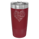 Laser etched maroon 20 oz vacuum insulated tumbler with 'Worldly Love' design