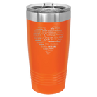 Laser etched orange 20 oz vacuum insulated tumbler with 'Worldly Love' design