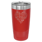 Laser etched red 20 oz vacuum insulated tumbler with 'Worldly Love' design