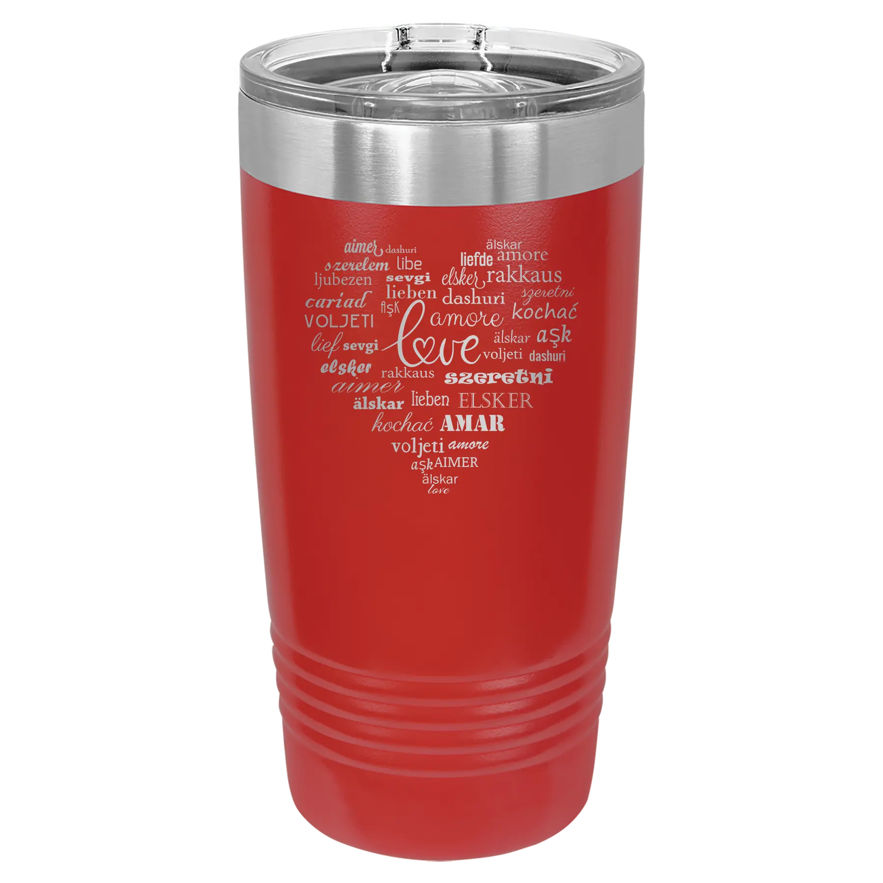 Laser etched red 20 oz vacuum insulated tumbler with 'Worldly Love' design