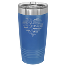 Laser etched royal blue 20 oz vacuum insulated tumbler with 'Worldly Love' design