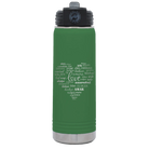 Laser etched green 20 oz vacuum insulated water bottle with 'Worldly Love' design