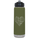 Laser etched olive green 20 oz vacuum insulated water bottle with 'Worldly Love' design