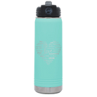 Laser etched teal 20 oz vacuum insulated water bottle with 'Worldly Love' design