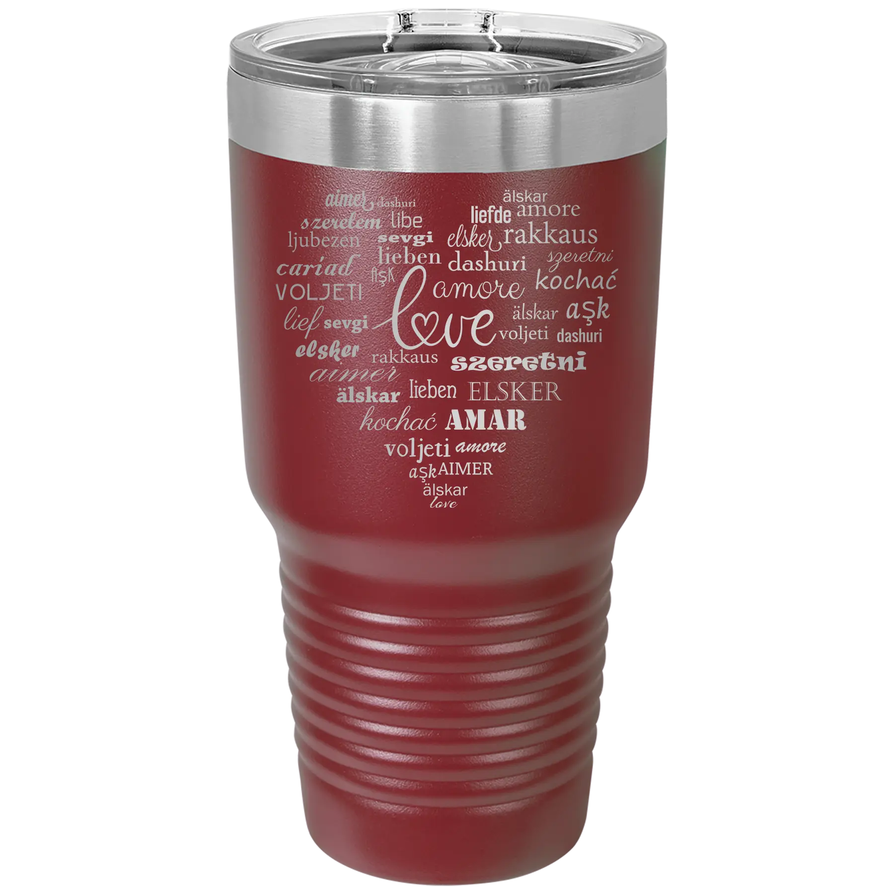 Laser etched maroon 30 oz vacuum insulated tumbler with 'Worldly Love' design
