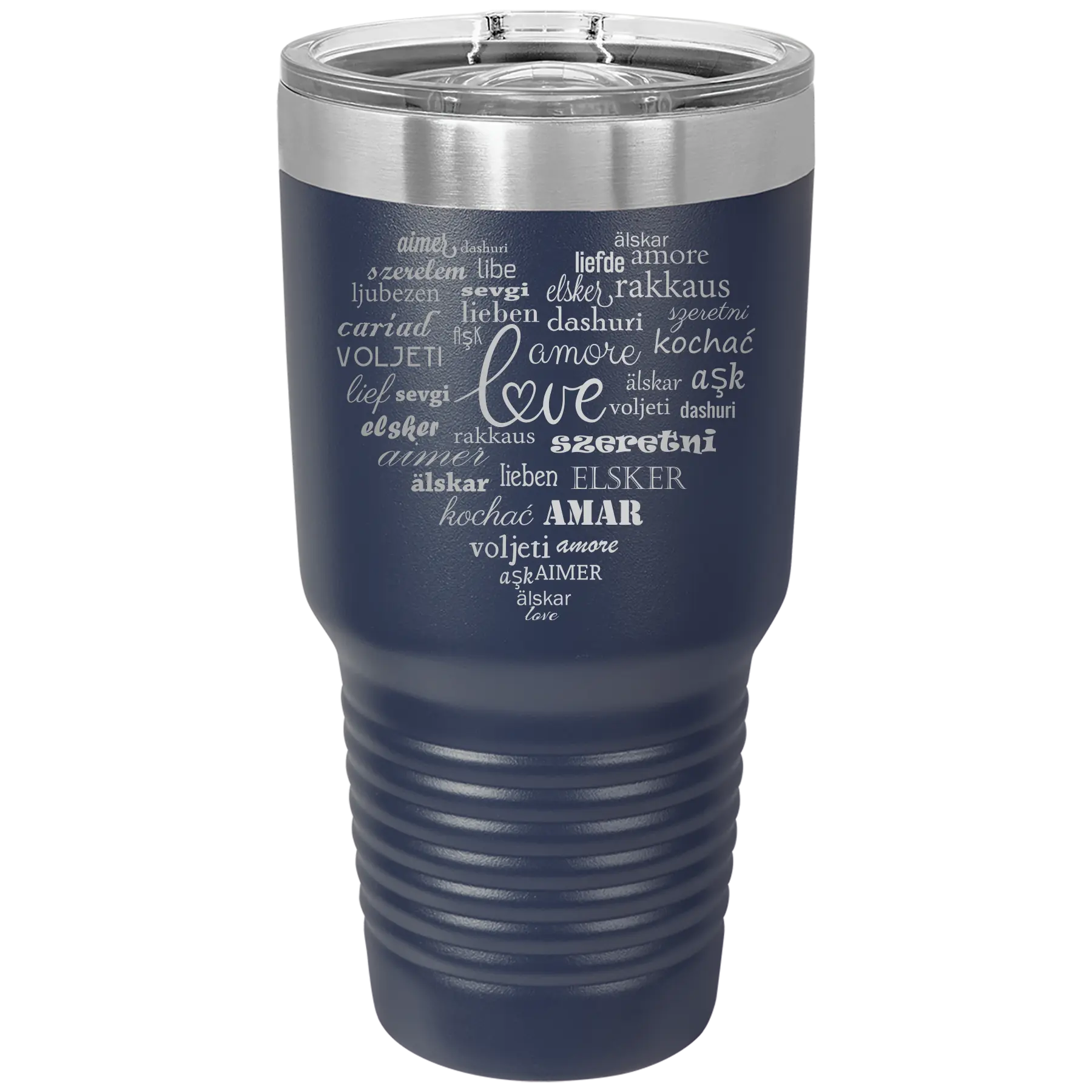 Laser etched navy 30 oz vacuum insulated tumbler with 'Worldly Love' design