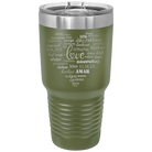 Laser etched olive green 30 oz vacuum insulated tumbler with 'Worldly Love' design