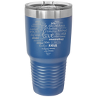 Laser etched royal blue 30 oz vacuum insulated tumbler with 'Worldly Love' design