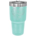 Laser etched teal 30 oz vacuum insulated tumbler with 'Worldly Love' design