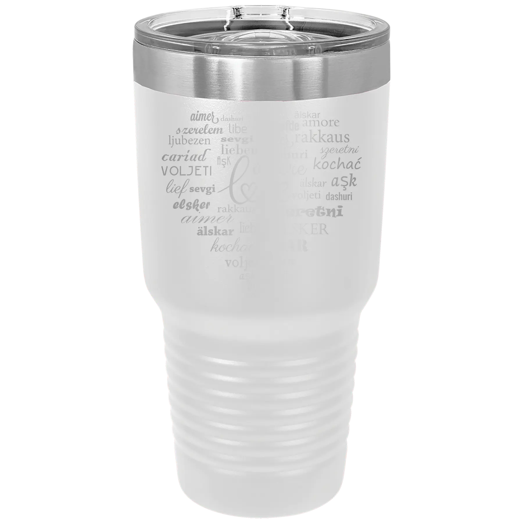 Laser etched white 30 oz vacuum insulated tumbler with 'Worldly Love' design