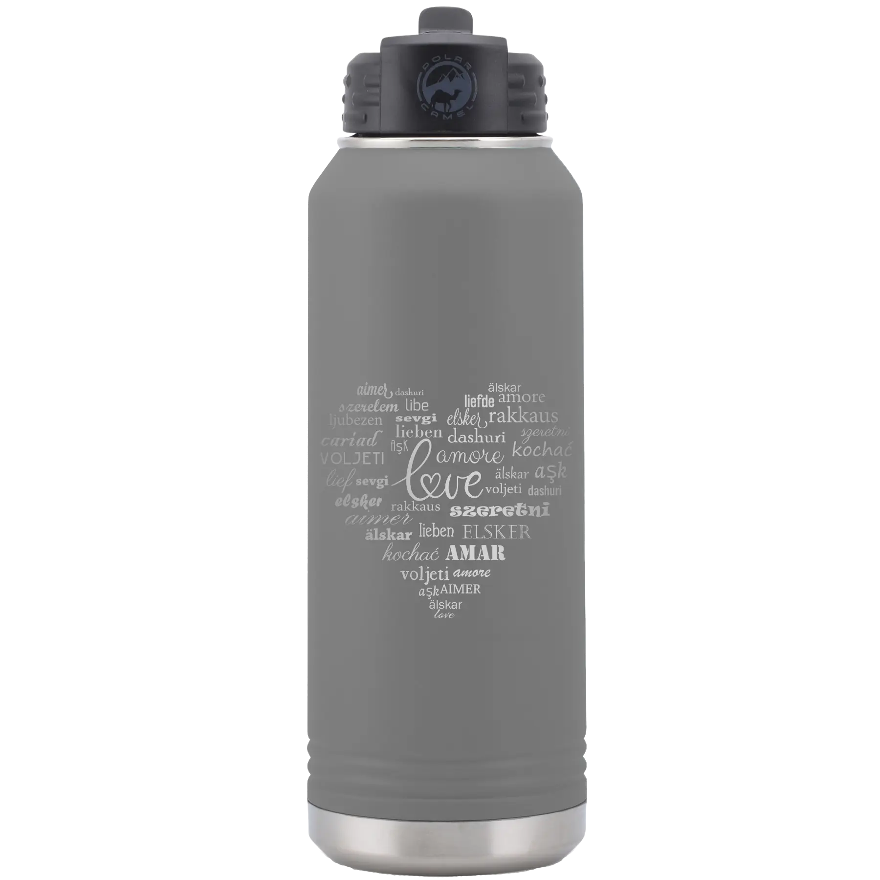Laser etched dark gray 32 oz vacuum insulated water bottle with 'Worldly Love' design