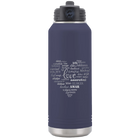 Laser etched navy 32 oz vacuum insulated water bottle with 'Worldly Love' design