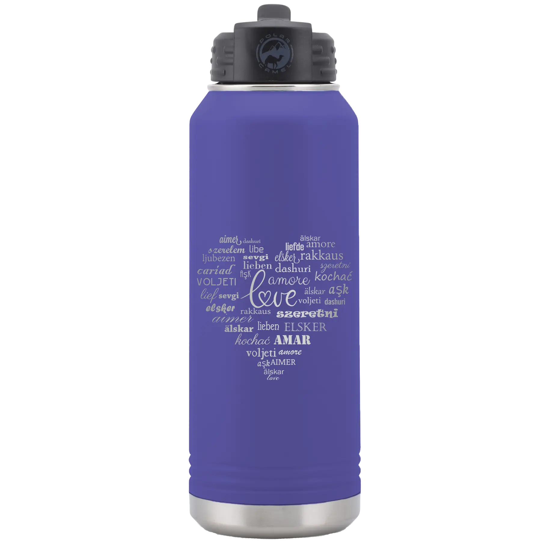 Laser etched purple 32 oz vacuum insulated water bottle with 'Worldly Love' design
