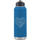 Laser etched royal blue 32 oz vacuum insulated water bottle with 'Worldly Love' design