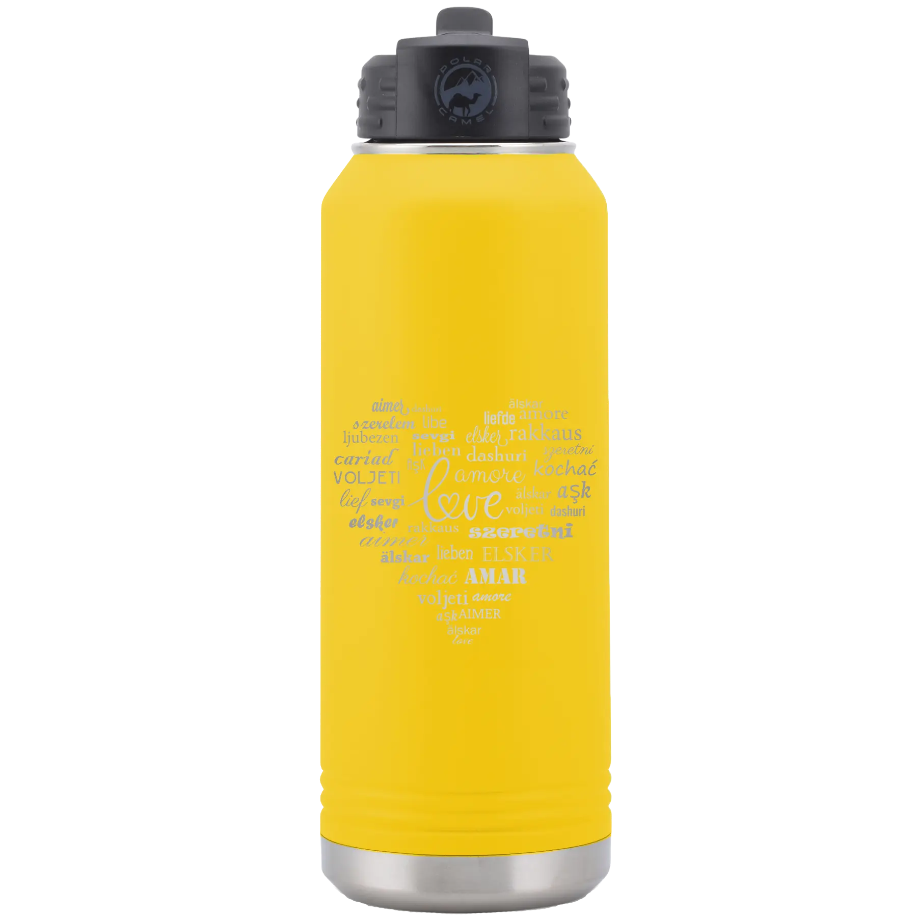 Laser etched yellow 32 oz vacuum insulated water bottle with 'Worldly Love' design
