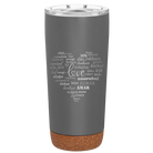 Laser etched storm gray 20 oz vacuum insulated tumbler with 'Worldly Love' design