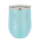 Laser etched light blue 12 oz vacuum insulated wine cup with 'Worldly Love' design