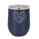 Laser etched navy 12 oz vacuum insulated wine cup with 'Worldly Love' design