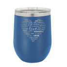 Laser etched royal blue 12 oz vacuum insulated wine cup with 'Worldly Love' design