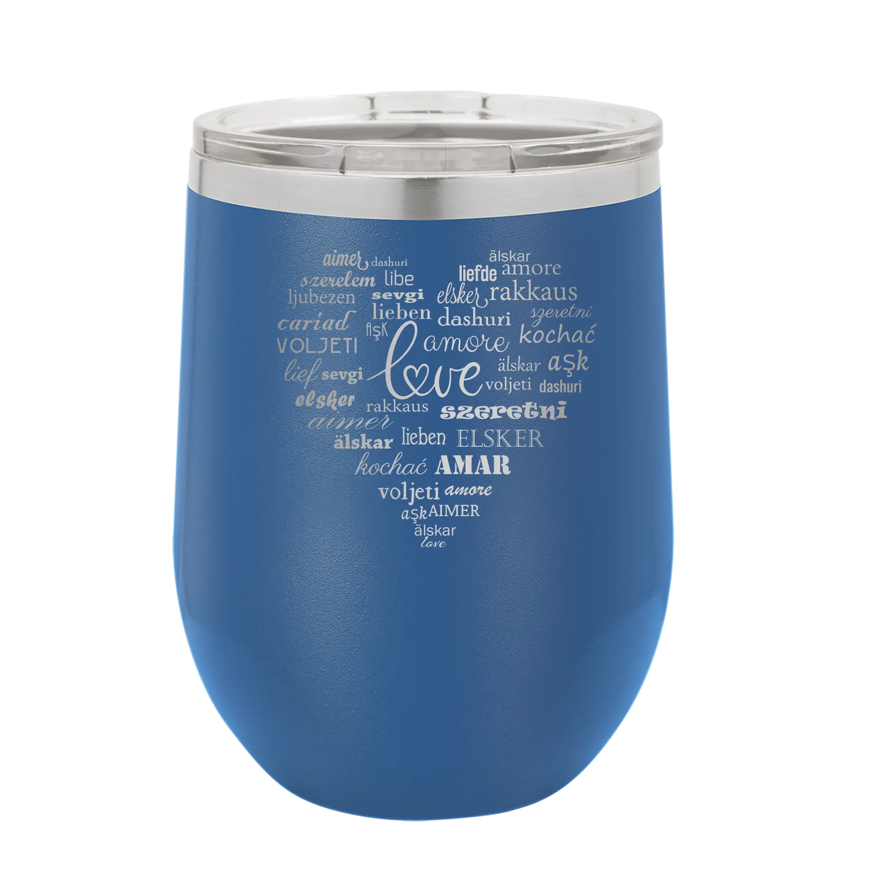 Laser etched royal blue 12 oz vacuum insulated wine cup with 'Worldly Love' design