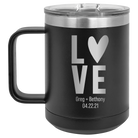 Personalized black 15 oz vacuum insulated coffee mug with 'Heart Love' design