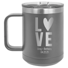 Personalized dark gray 15 oz vacuum insulated coffee mug with 'Heart Love' design