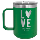 Personalized green 15 oz vacuum insulated coffee mug with 'Heart Love' design